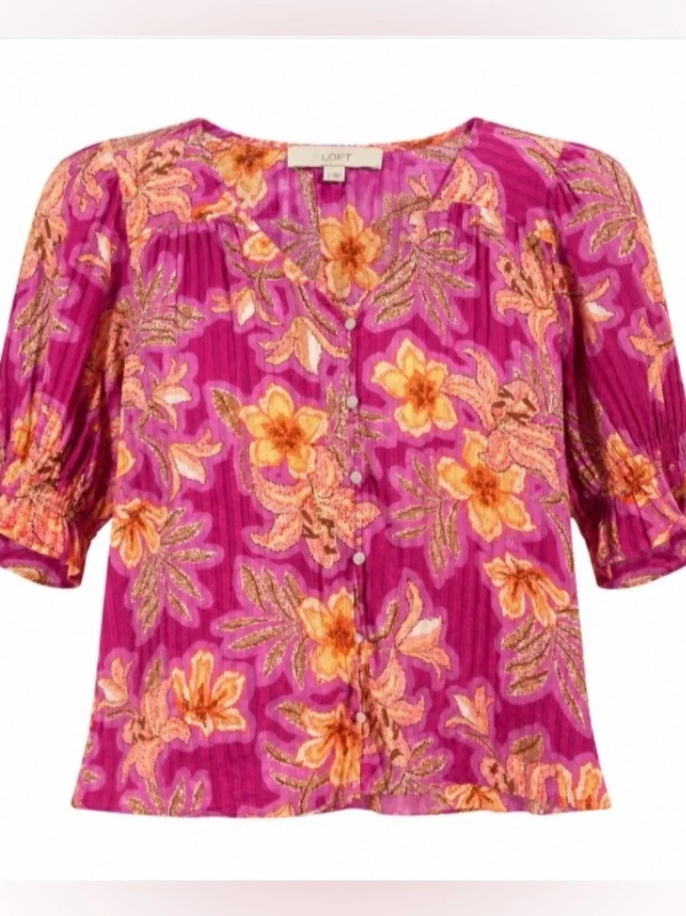 Loft Top Small Pink Orange Floral Button Front Cotton Short Sleeve Boho Peasant